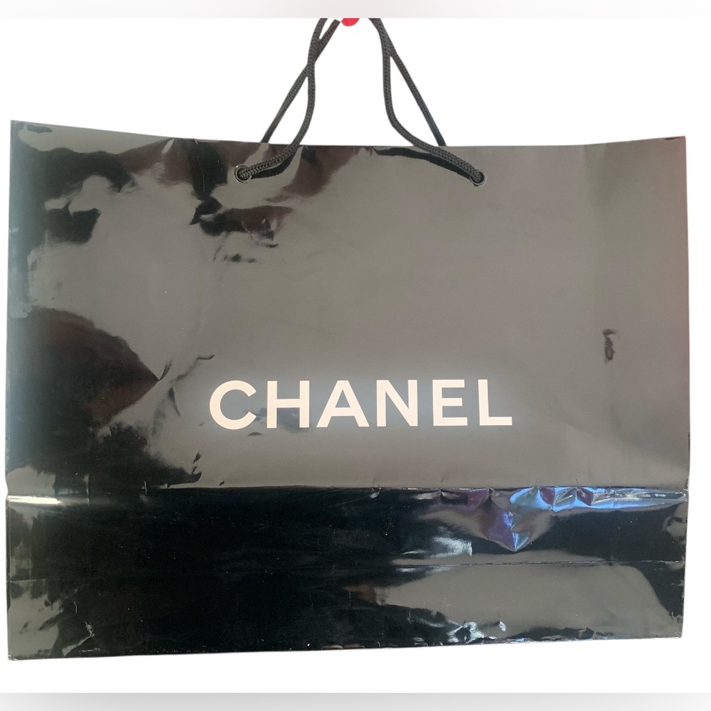 CHANEL Black Glossy Paper Shopping Bag w Black Cord Double Handles 17x13x4”